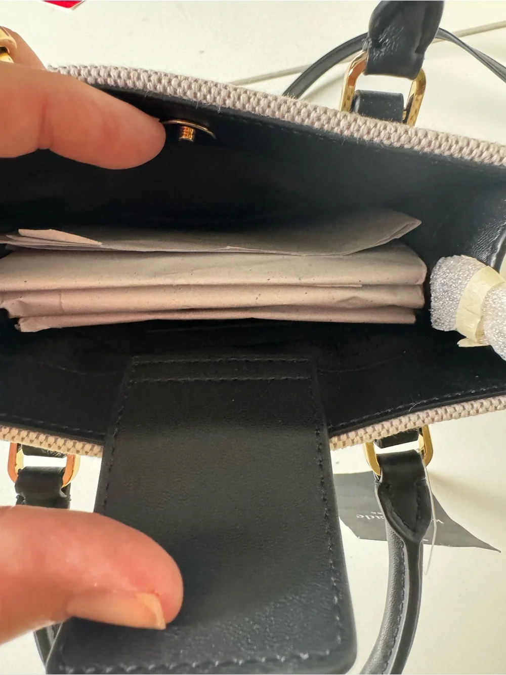 kate spade Ellie Mini Black Leather Cream Structured Canvas Crossbody Tote